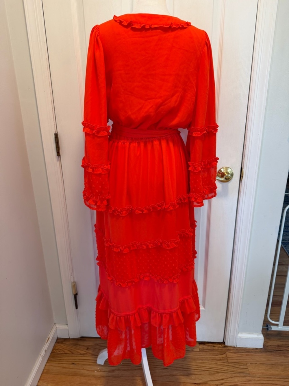 ALEXIS for Target Red Clip Dot Ruffle Tiered Midi Dress Angel Sleeve Wrap Size M - Picture 11 of 15